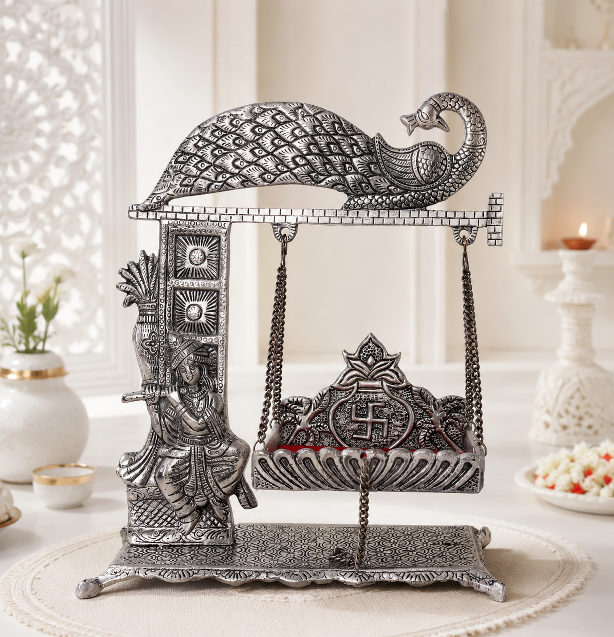 Krishna Flying Flute Jhula (Silver Antique)